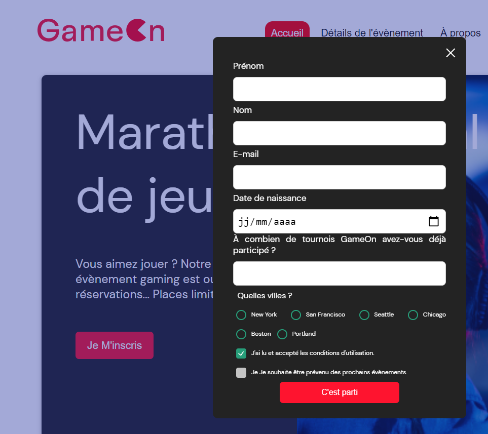 screen du site GameOn